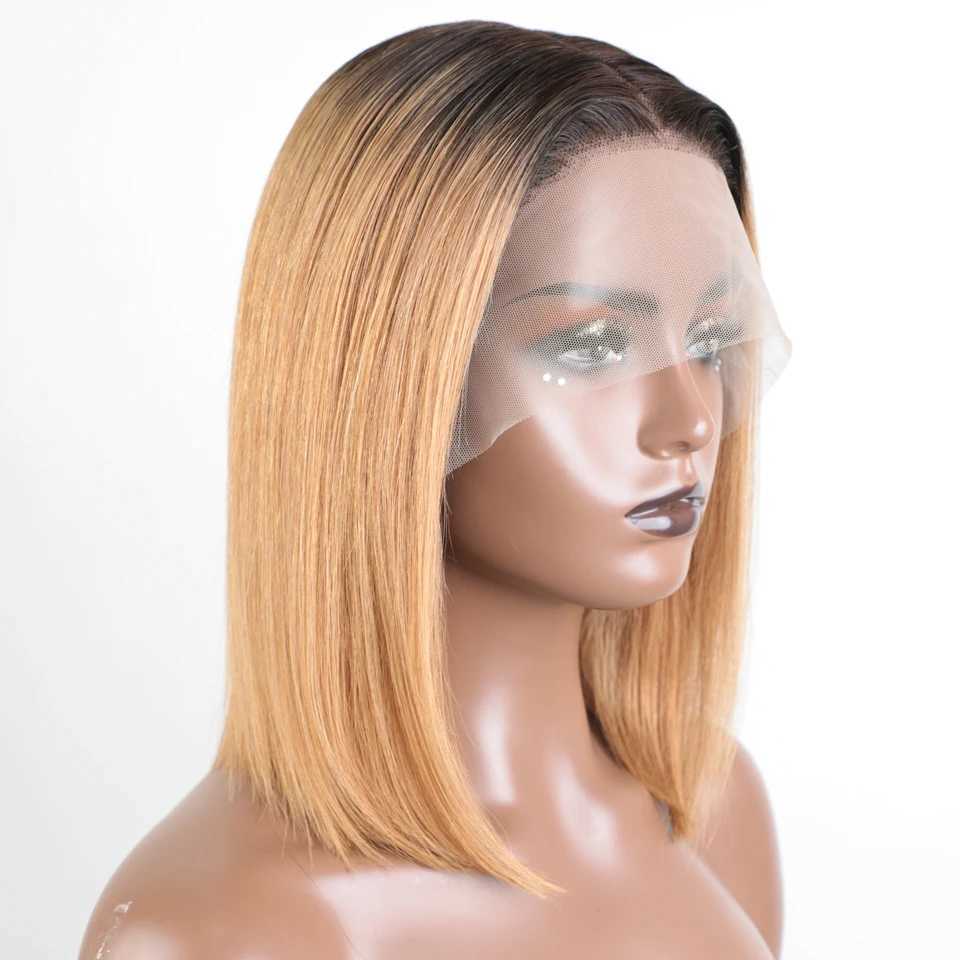 Synthetic Wigs Lekker Ombre Gold Blonde Short Straight Bob 13x6x1 Lace Front Human Hair Wigs For Women Glueless Brazilian Remy Hair Colored Wig 240329