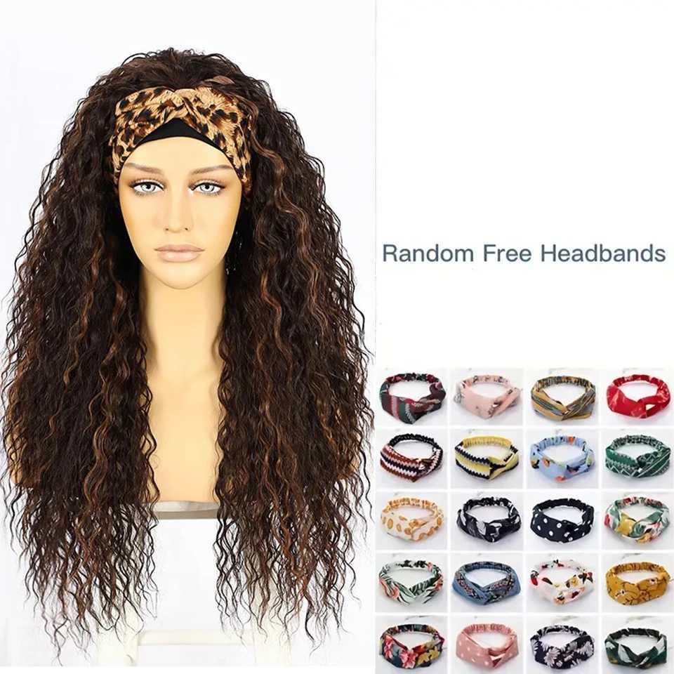 Perucas sintéticas destaque headbandwigs para mulheres sintético marrom encaracolado perucas para mulheres cola menos máquina feita peruca longa ondulada headbandwigs 240329