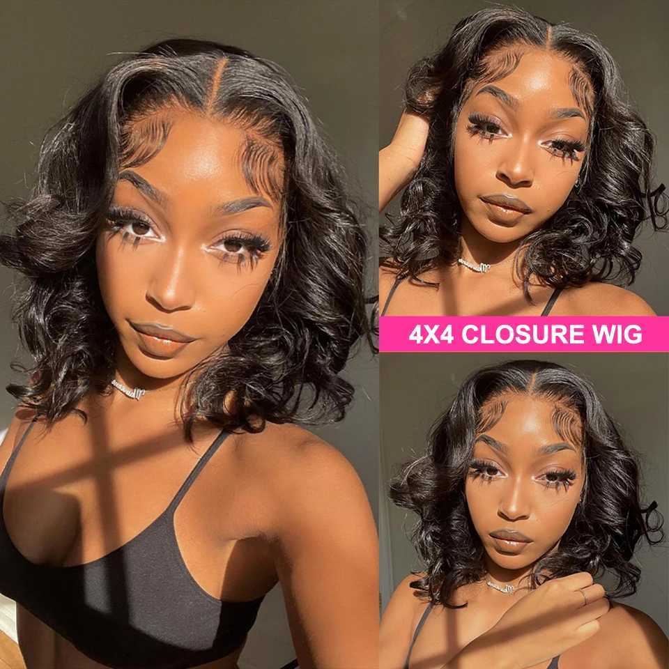 Synthetic Wigs Synthetic Wigs Brazilian Body Wave Short Bob 4x4 Closure Wig Transparent 13x4 Lace Front Human Hair Wigs for Women Pre Plucked Natural Hair 240329