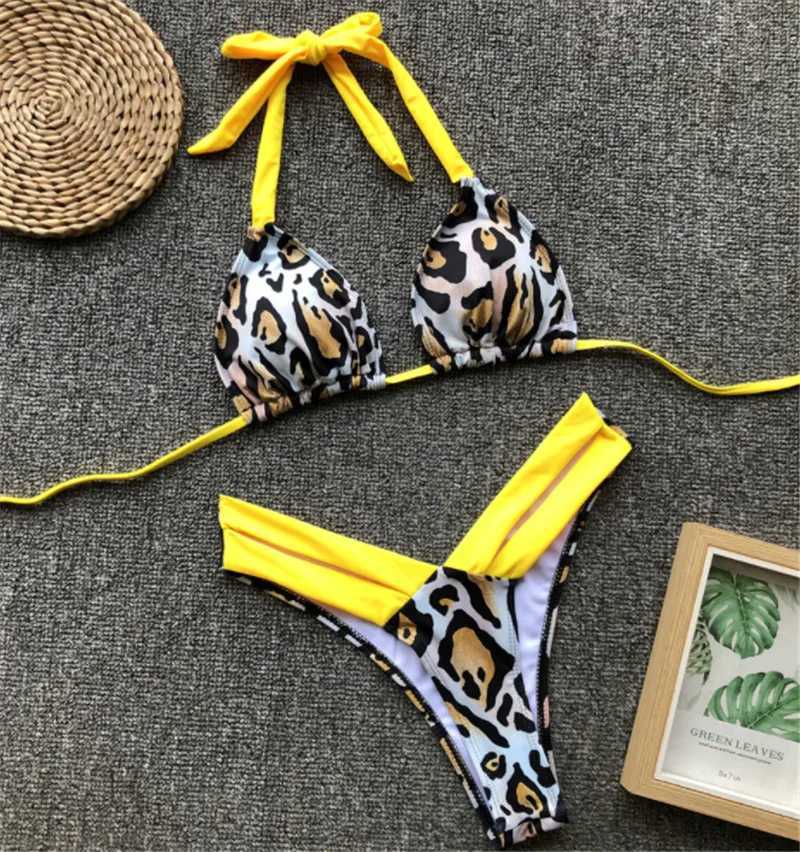 Kvinnors badkläder Kvinnor Bikini 2021 Ny Sexig Sling Retro Leopard Tryckt Hollow Bandage Womens Beach Leopard Applique Swimsuit J240319