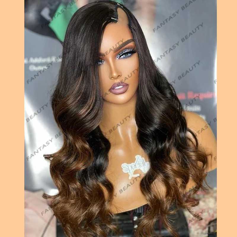 Synthetic Wigs Synthetic Wigs Glueless Ombre Dark Golden Brown 1x4 Opening U Part Human Hair Wigs Dark Roots Middle/Left/Right U Part/V Part Wigs for Women 240328 240327