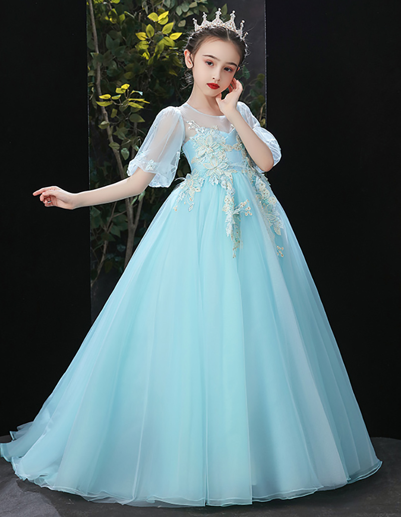 Doux bébé bleu tulle/organza manches appliques perles robe de fille de fleur robes de reconstitution historique de fille robes de fête/anniversaire jupe de fille personnalisé SZ 2-12 D319044