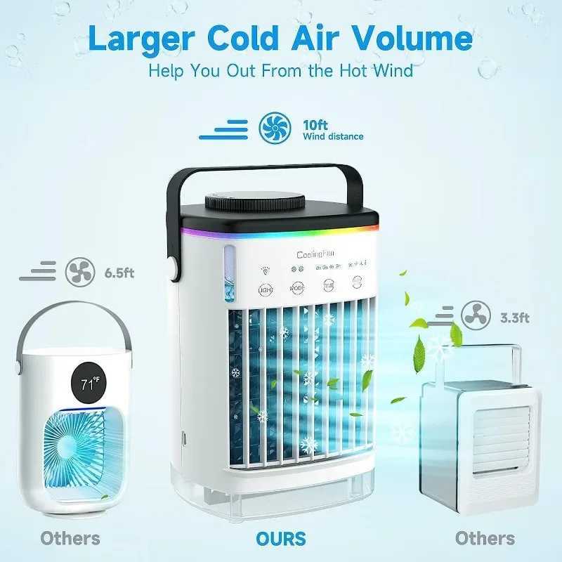 Electric Fans Portable Air Conditioners Cooling Fan Mini Portable Air Conditioner 4 Wind Speed and 7 LED Lights 2 Cool Compressed Air and 2-8H Timer 240319