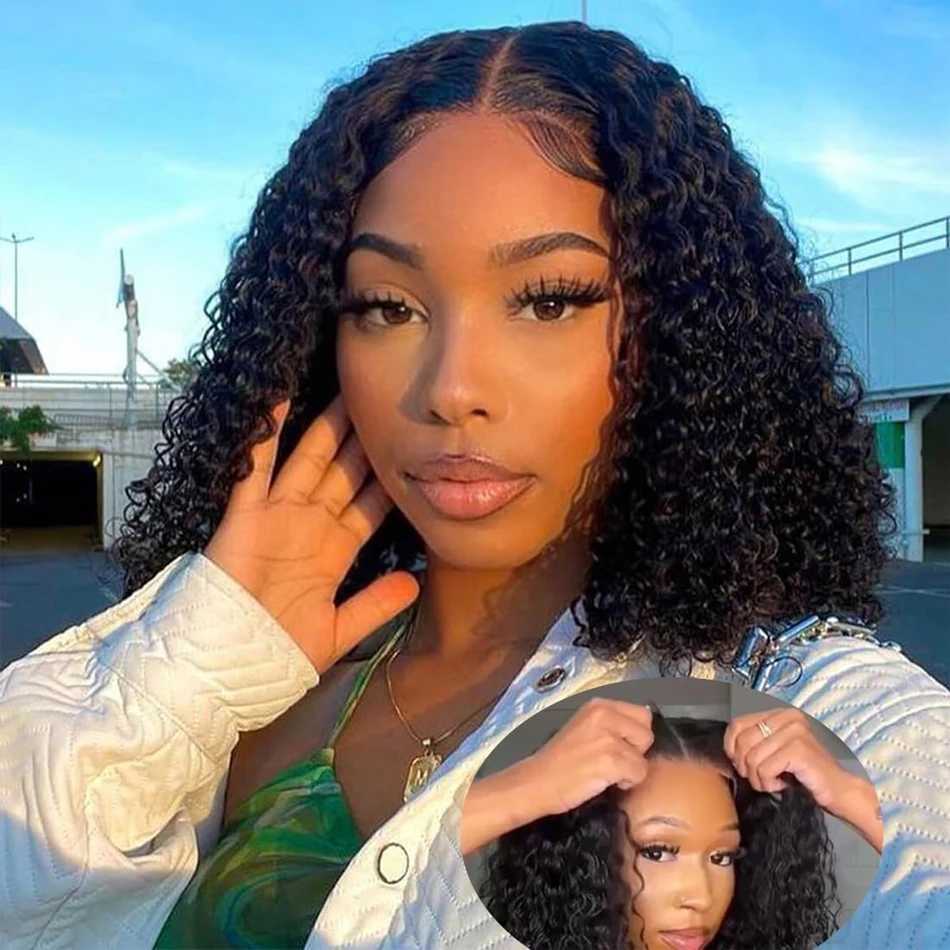 合成ウィッグ合成かつらの摩耗とgo glessedwigs short bob wig human hair kinky curly upgraged noglue 13x4 lace frontal wig for black women 240329