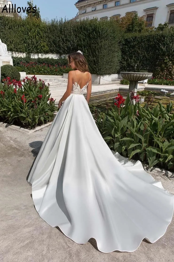 Abiti da sposa moderni in raso con linea A spose con tasche Girocollo trasparente applicato in pizzo Plus Size Abiti da sposa semplici Sweep Train Backless Robes de Mariee YD