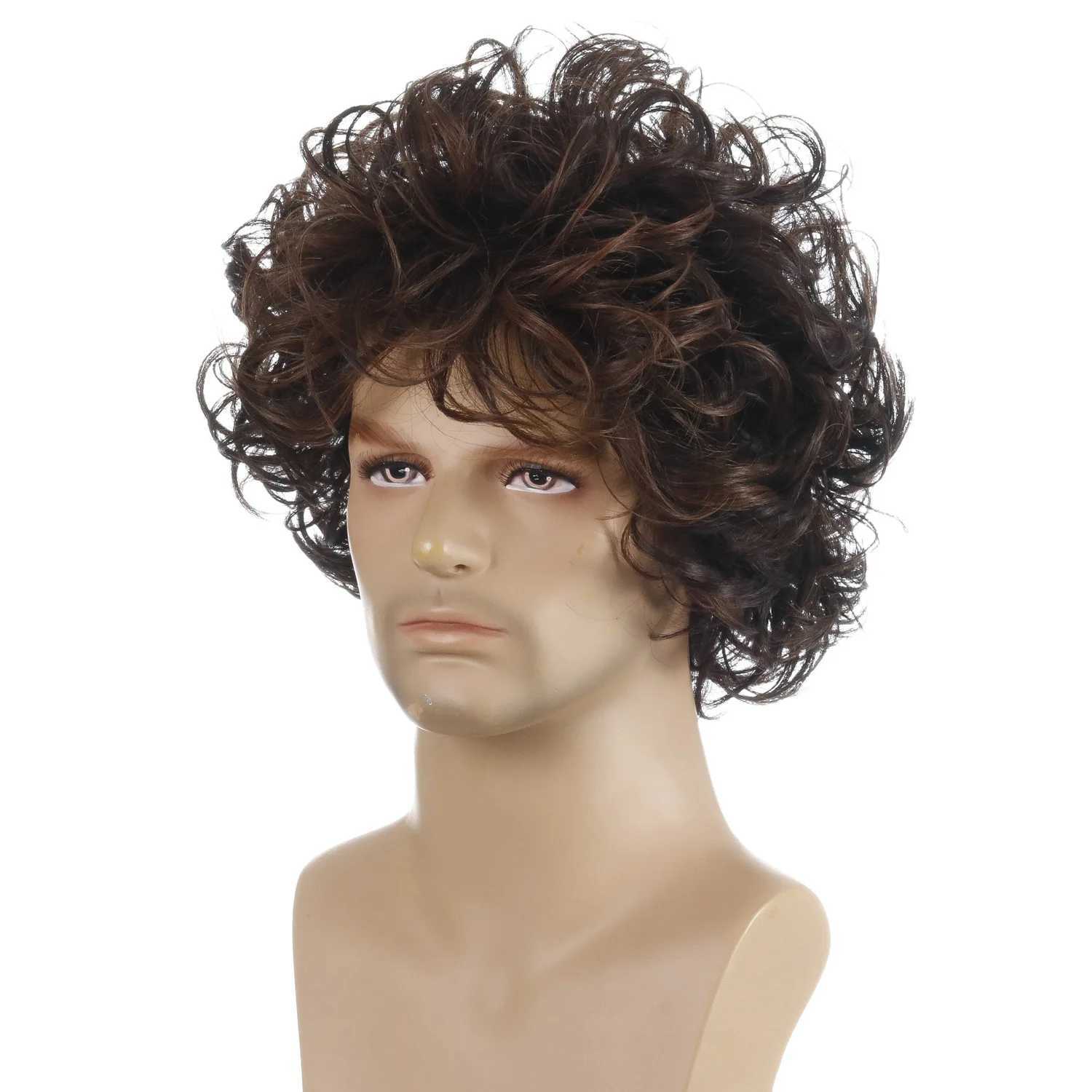 Syntetyczne peruki Brown Curly Peruka dla mężczyzn Krótkie syntetyczne peruki do włosów dla przystojnych facetów naturalne fryzury męskie fryzury fali afro fryzury imprezowe 240329