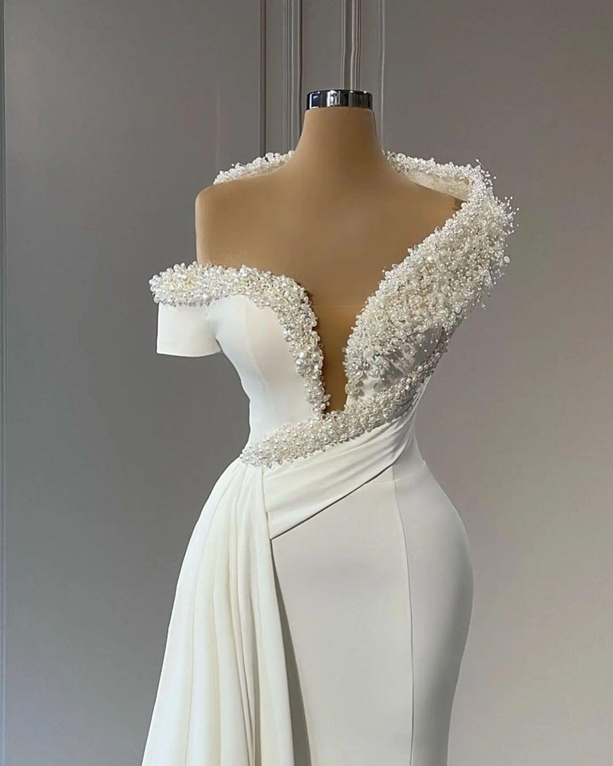 Elegante um ombro sereia vestidos de noiva pérolas vestido de casamento com trem manga curta magro feito sob encomenda vestidos de noiva trem varredura