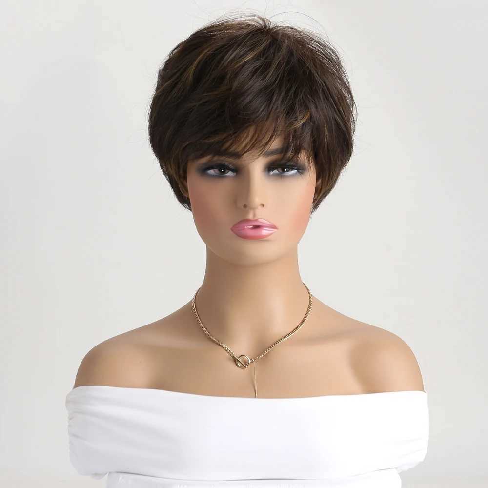 Synthetic Wigs Short Natural Synthetic Wigs with Bangs 10 inches Soft Hair Daily Use Brown Ombre Curly Hair Costume Party Wig for Women 240329