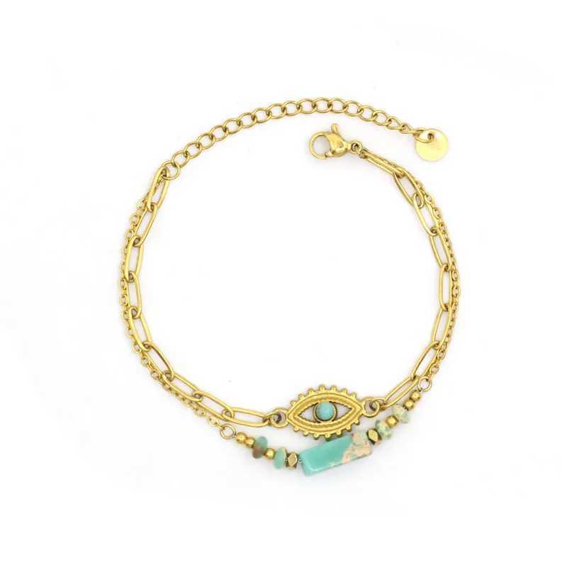 Brazalete Cadenas de acero inoxidable chapadas en oro de doble capa con forma de ojo natural Pulsera con colgante de piedra incrustada para mujer de moda 240319