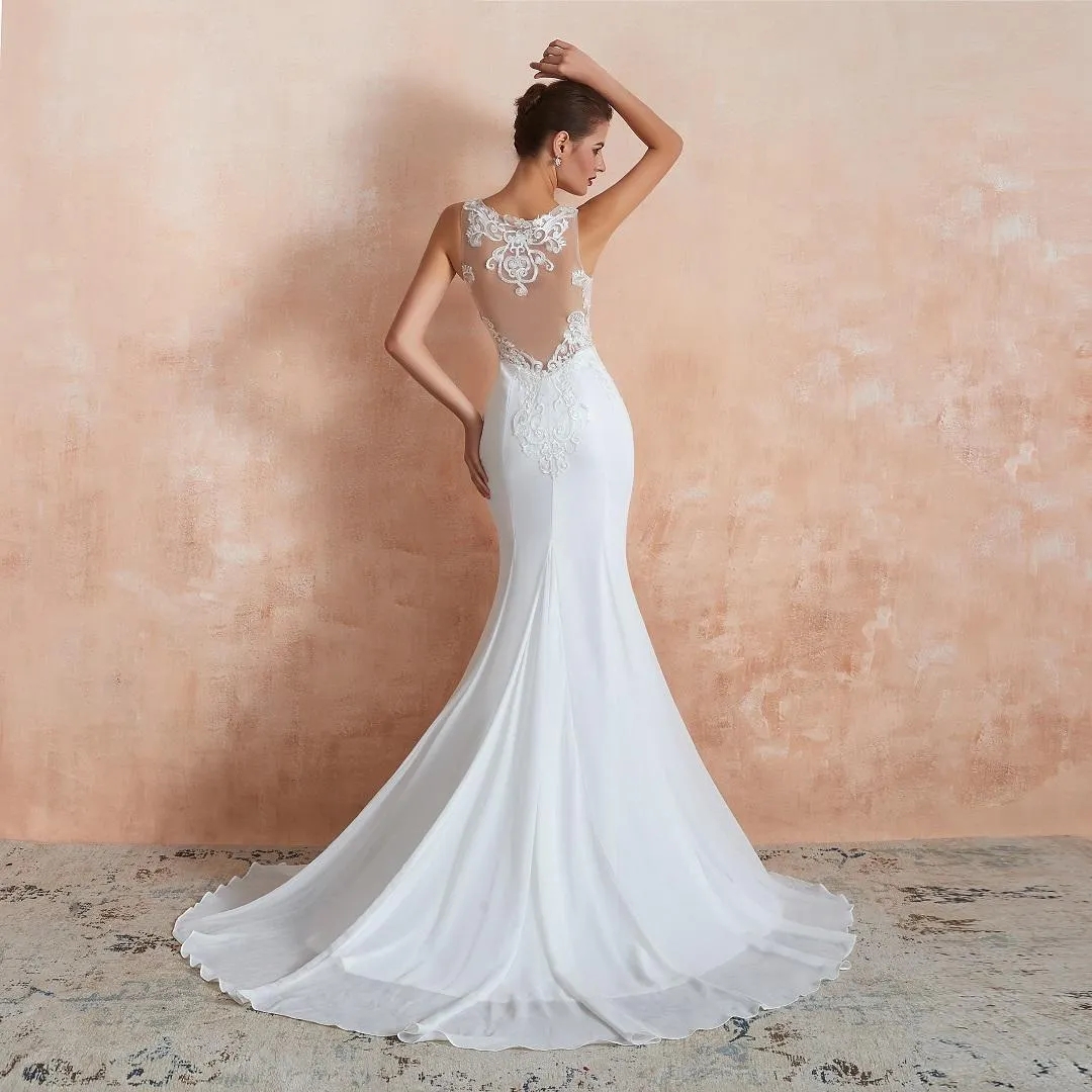 2024 Boho Garden Mermaid Wedding Gowns Sheer Neck Lace Appliques Illusion Back Brides Dresses Simple Chiffon Sweep Train robes de mariee Summer Beach Vestidos YD