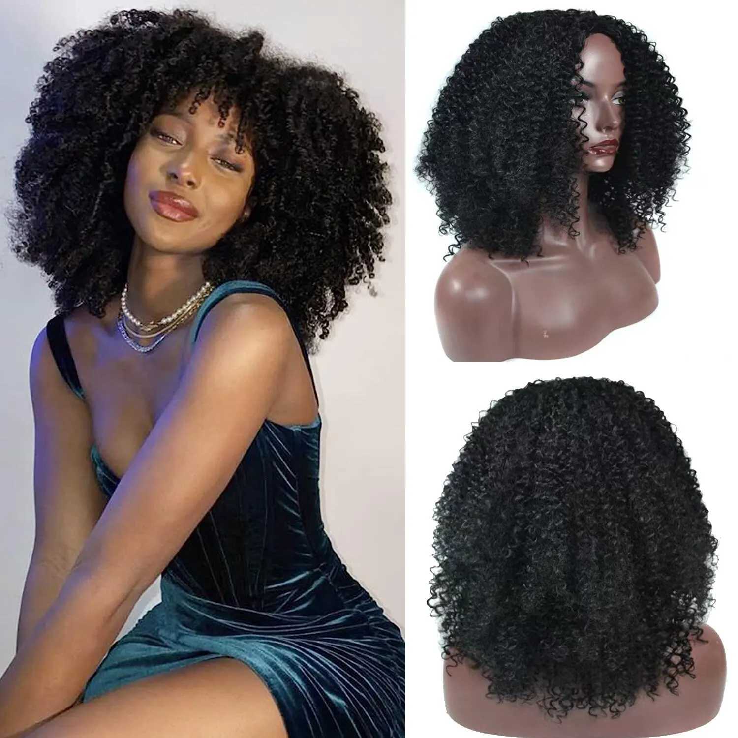 Syntetiska peruker cosplay peruker svarta kinky lockiga peruker för svarta kvinnor kort svart lockigt afro peruk med lugg syntetiska värmebeständigt full afro lockigt svart peruk 240329