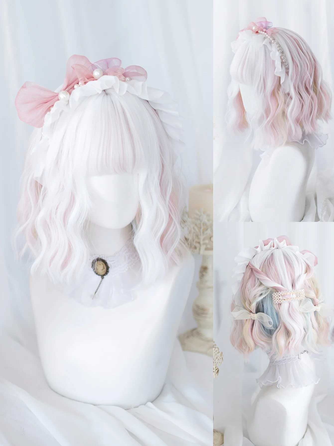 Synthetic Wigs 12Inch White Pink Double Color Synthetic Wigs With Bang Short Natural Wavy Hair Wig For Women Cosplay Heat Resistant 240328 240327