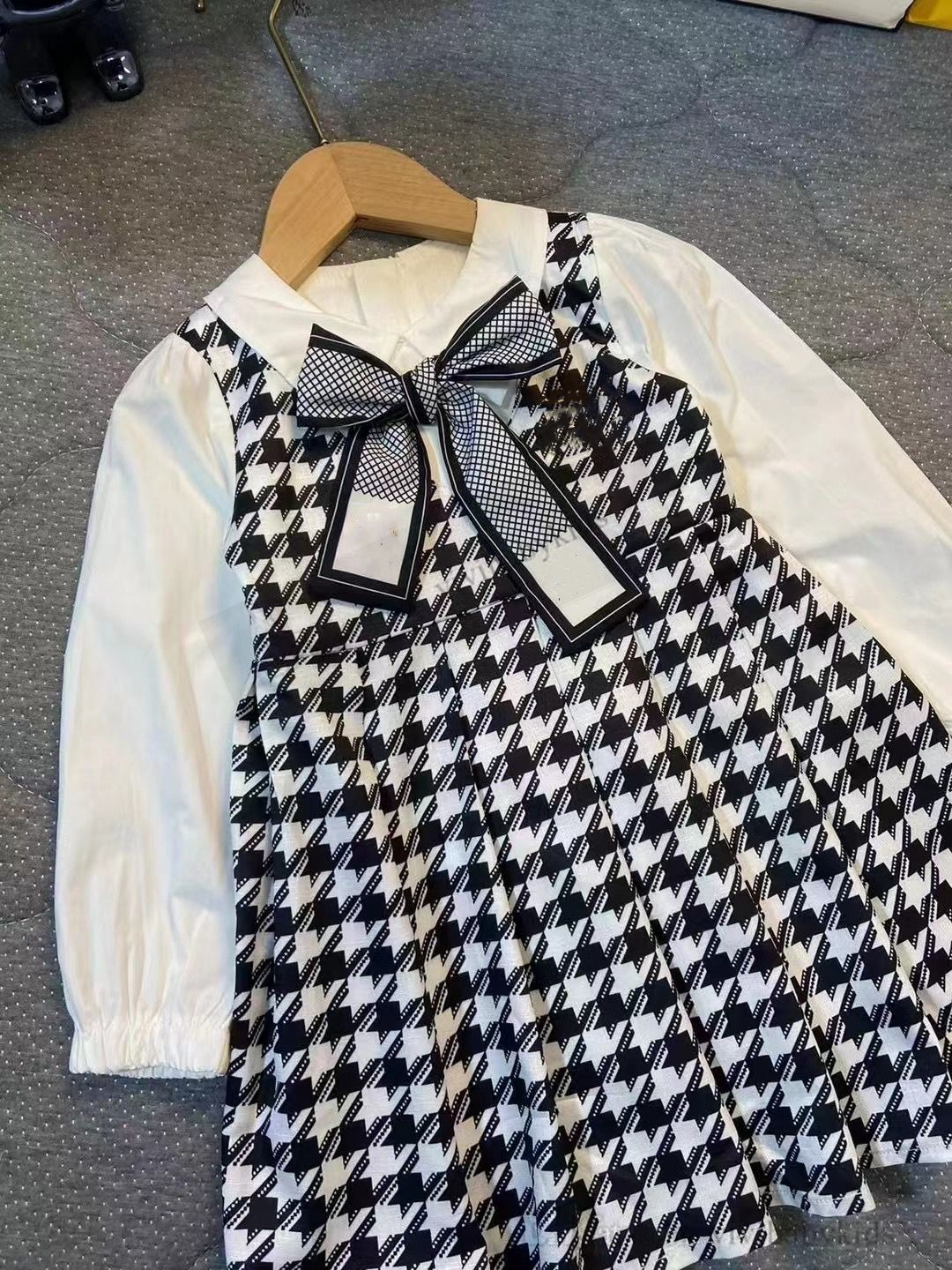 Moda crianças houndstooth vestidos crianças arcos gravata manga longa vestido de princesa INS crianças roupas de grife S1242