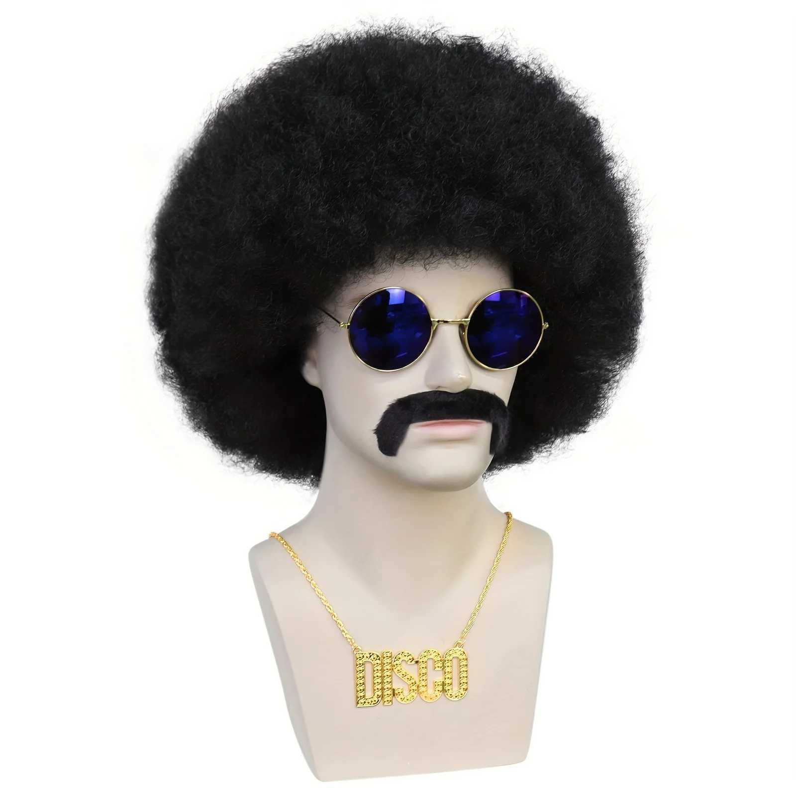 Perucas sintéticas 1 colar + 1 óculos + 1 touca de peruca + 1 barba + sintético curto preto encaracolado Disco Afro Curly Kinky Mens Coily Wig para festa de Halloween 240328 240327