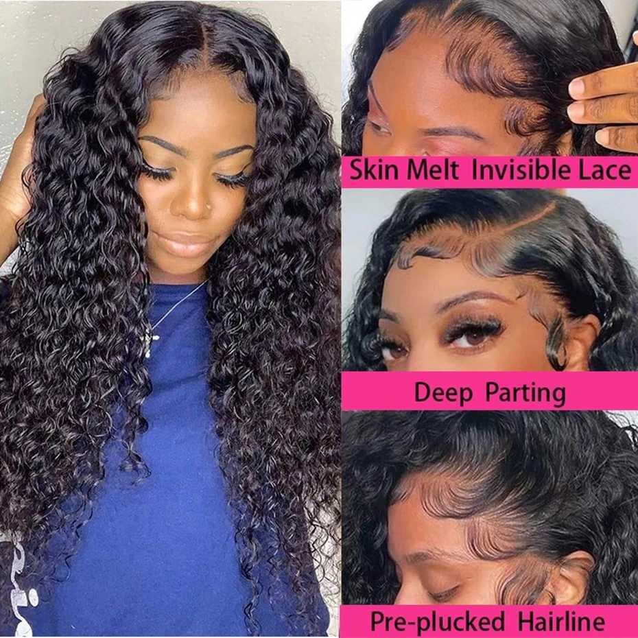 Synthetic Wigs Human Chignons 36Inch Deep Wave Wig Curly Human Hair Wigs 13x4/13x6 Lace Front Wig Pre Plucked 4x4 Lace Closure Wig For Black Women Bling Hair 240327