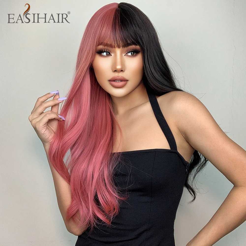 Synthetic Wigs Cosplay Synthetic Wigs Long Body Wavy Wig with Bangs Two Tone Half Pink Half Black Colorful Party Lolita Hair Wig Heat Resistant 240328 240327
