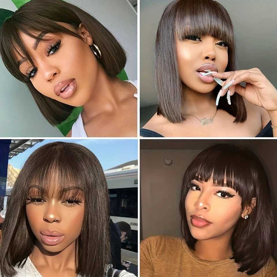 Syntetiska peruker Syntetiska peruker Brasiliansk kort rak hår Bob peruker Human Hair Wig With Bangs Remy Full Machine Made Wig For Women Non Lace Glueless Bob Wig 240329