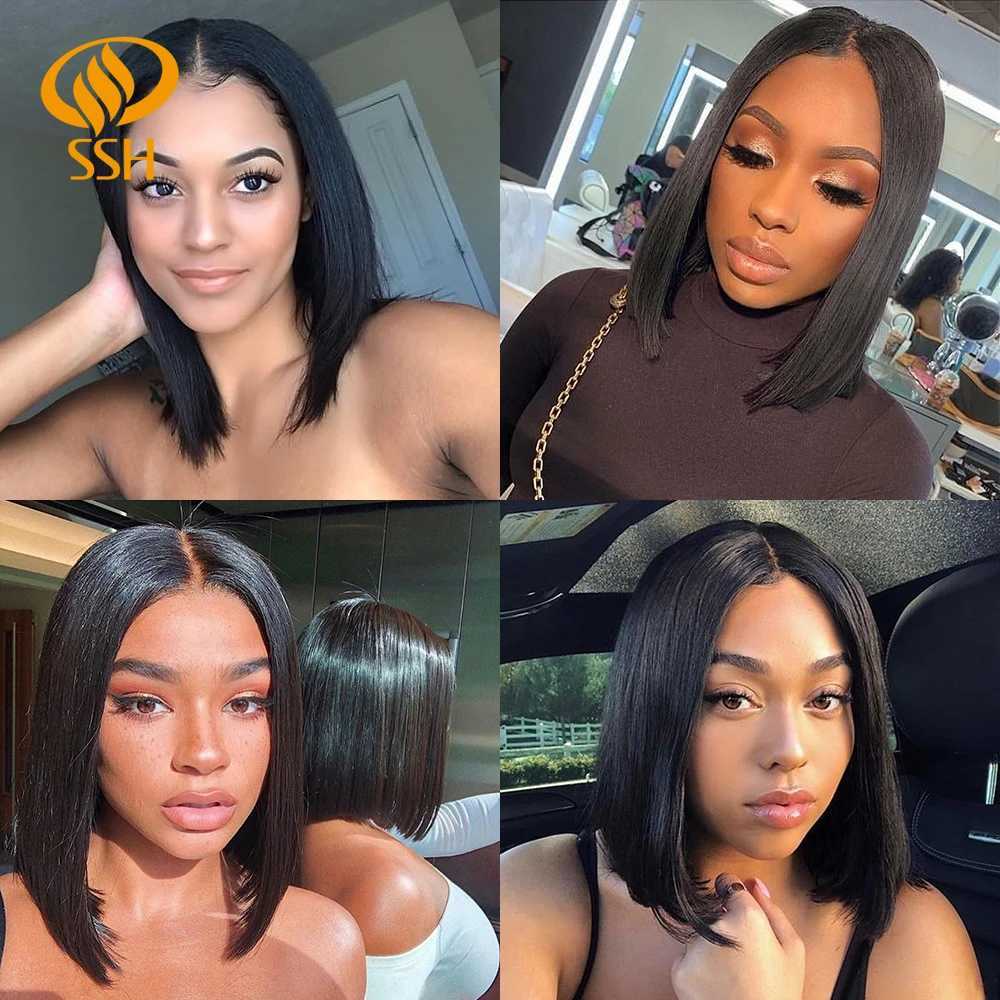 Perucas sintéticas perucas de renda ssh em linha reta curto bob perucas de cabelo humano para mulheres negras parte do laço perucas de cabelo brasileiro remy cabelo parte do meio lado para mulheres marrons 240329