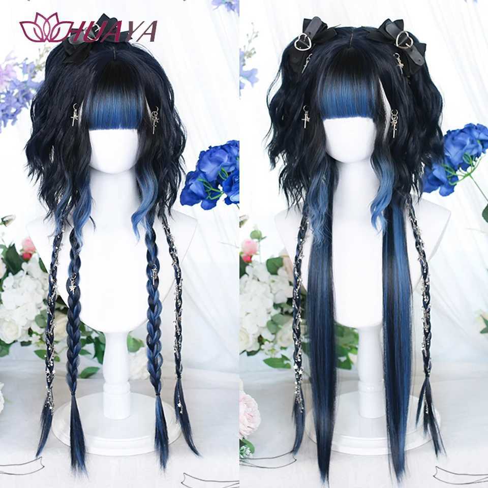 Syntetyczne peruki koronkowe peruki Huaya Syntetyczna długa falista prosta peruka lolita z grzywką dla dziewczyny urocza czarna Ombre Blue Cosplay Party Partia Bożego Narodzenia 240328 240327