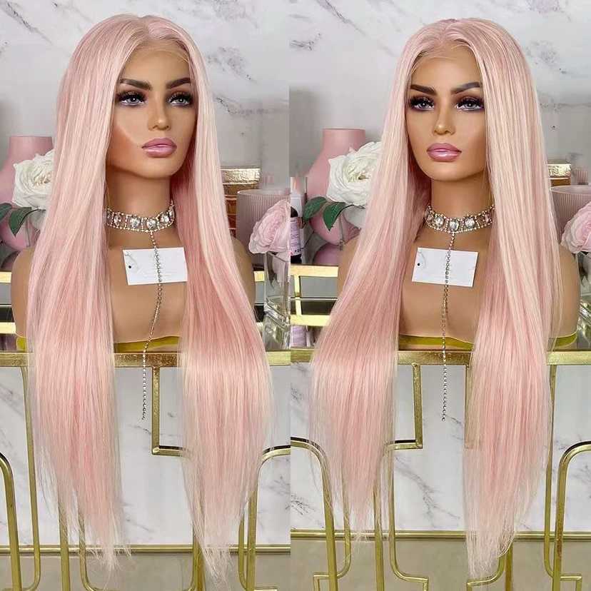 Synthetic Wigs AIMEYA Light Pink Long Straight Wig Synthetic Hair Pink Lace Front Wigs Heat Resistant Glueless Wig Silky Straight Pink Hair 240329