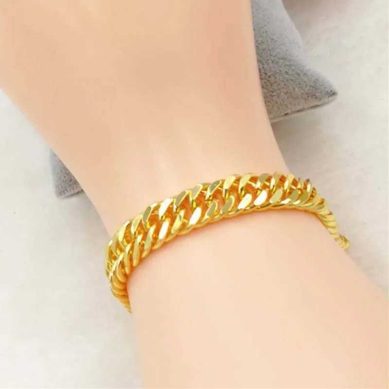 Bangle Pure Gold Color 10mm Wide Armband Set långt halsband med kedja för män 24K GP Tungt Hip Hop /Rock Mens smyckesuppsättning kommer inte att bleka 240319