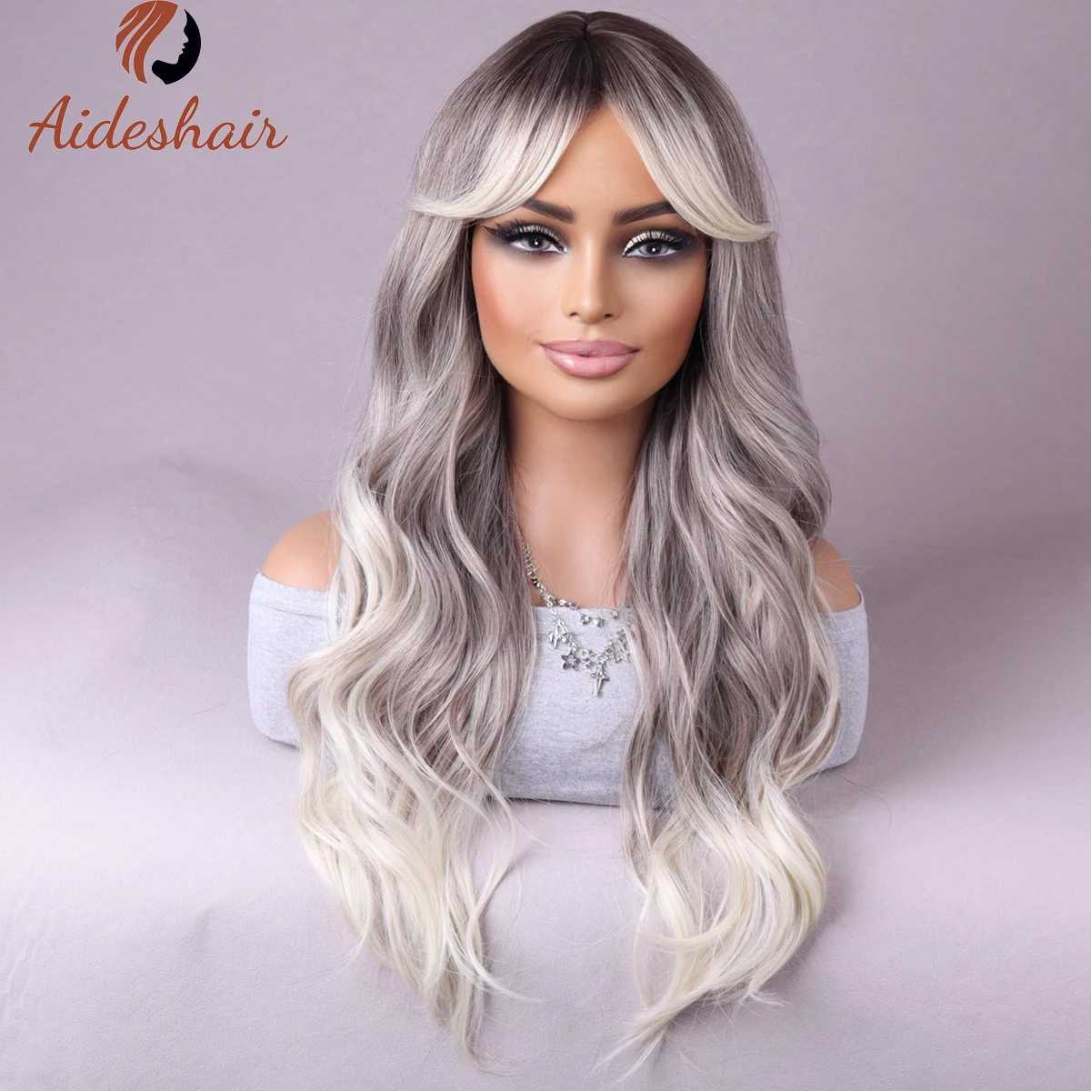 Synthetic Wigs Grey gradient hair European and American wig Female long curly wavy synthetic wig for daily party use 240329