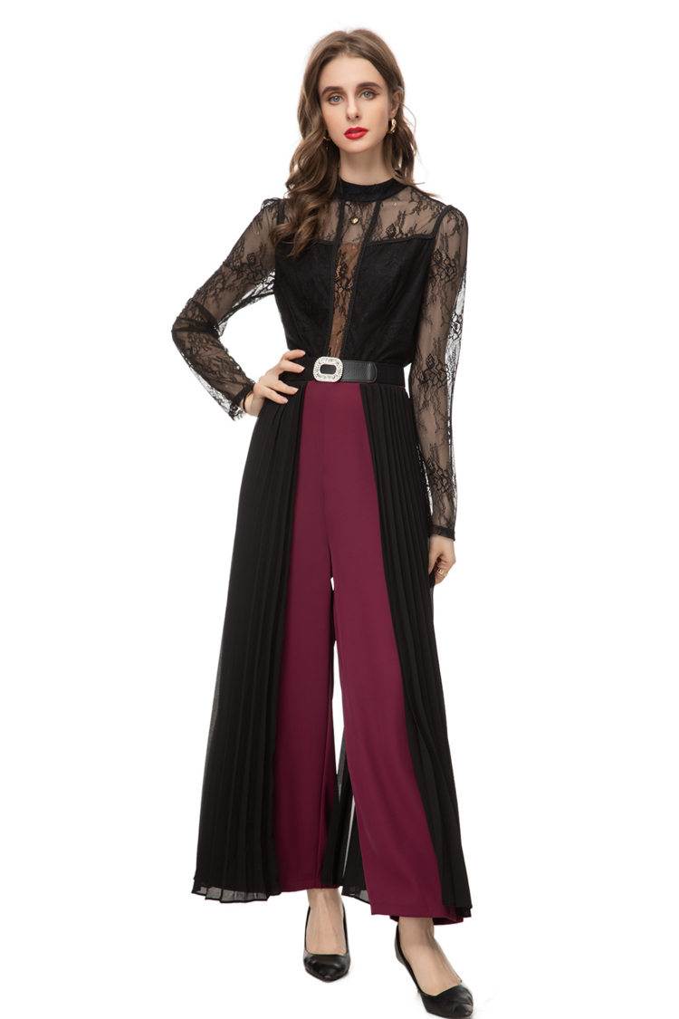 Women's Runway Jumpsuits& Rompers Stand Collar Lace Long Sleeves Pleated Ruffles Patchwork Elegant Maxi wide Pants