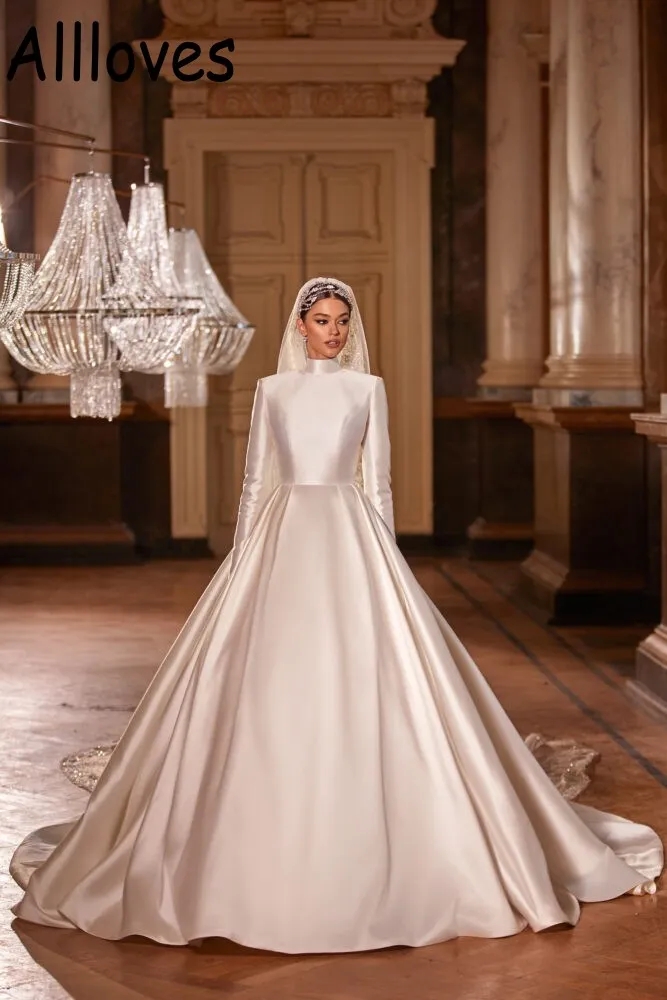 High Collar Muslim Ball Gown Wedding Dresses With Long Sleeves Modest Satin Church Bridal Gowns Court Train Illusion Buttons Back Dubai Arabic Vestidos YD