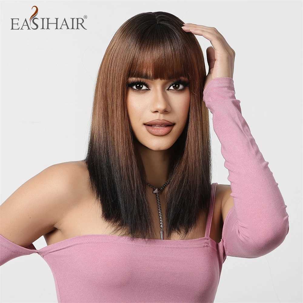 Synthetic Wigs EASIHAIR Shoulder Length Straight Synthetic Wigs Brown Ombre Black Short Wigs with Bangs for Women Daily Cosplay Heat Resistant 240329