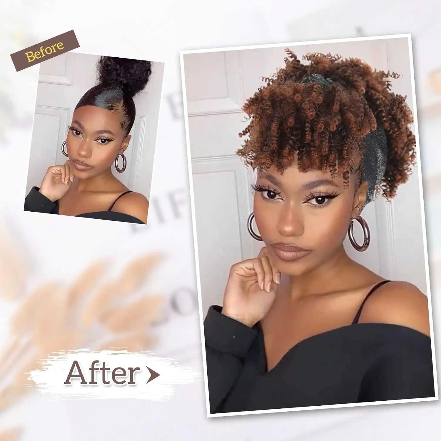 Syntetyczne peruki Kinky Curly Pasme Pasma dla czarnych kobiet Krótka ombre brązowa peruka z opaską na głowę przymocowaną afro puff Curly Pasme z grzywką 240329