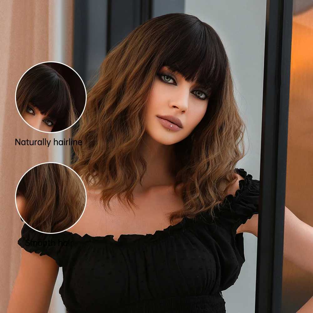 Synthetic Wigs Black to Brown Golden Ombre Short Wavy Synthetic Wig Daily Cosplay Natural Wig with Bangs for Women Medium Length Wave Fake Hair 240328 240327