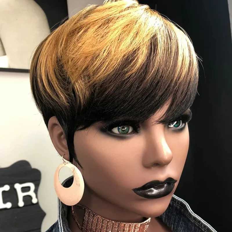 Syntetiska peruker Syntetiska peruker ombre färg Pixie Cut Wig Full Machine Made Human Hair Wigs Pre Plucked Short Cut Bob Wigs Brazilian Remy Honey Blonde Wig 1B/27 240327