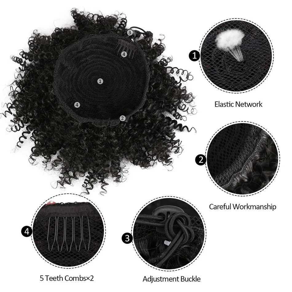 Synthetische pruiken Paardenstaarten Kort Afro Bladerdeeg Knot Paardenstaart Synthetisch Kinky Krullend Haar Chignon Haarstukjes Trekkoord Paardenstaarthaar voor dames 240328 240327