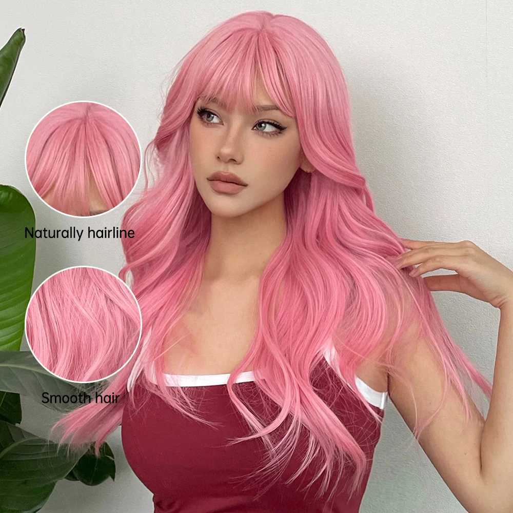 Perucas sintéticas cosplay perucas luz rosa longo ondulado cosplay perucas de cabelo sintético com franja para mulheres brancas afro lolita onda de água halloween calor reisitant peruca 240327