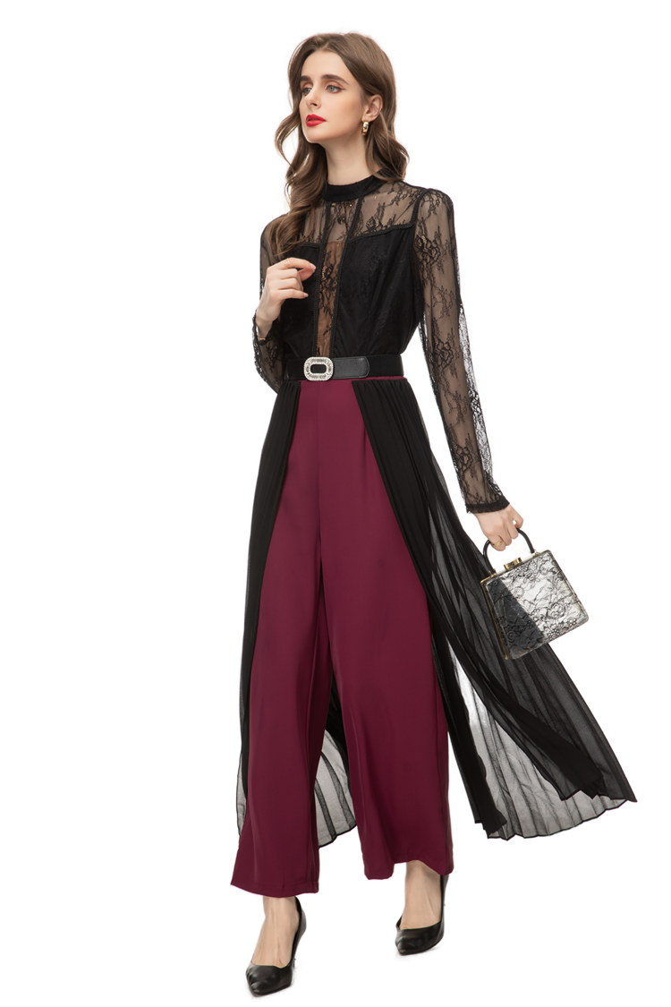 Women's Runway Jumpsuits& Rompers Stand Collar Lace Long Sleeves Pleated Ruffles Patchwork Elegant Maxi wide Pants