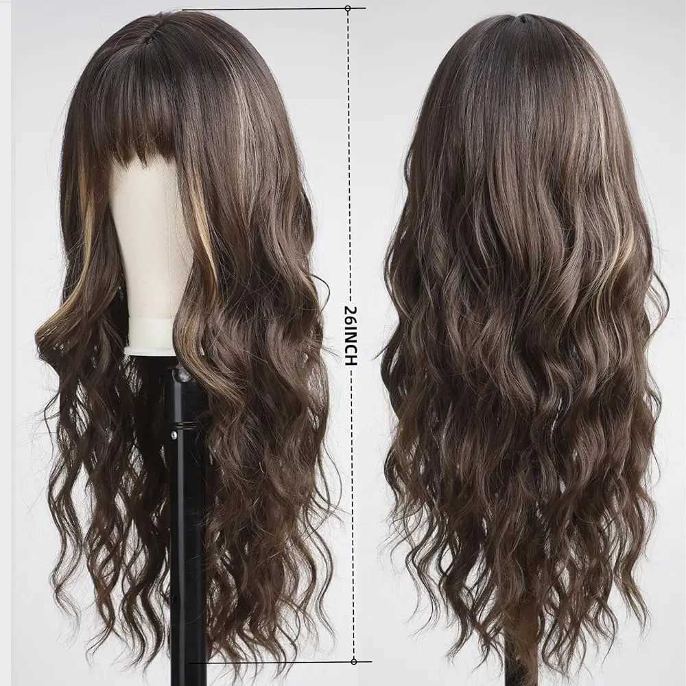 Synthetic Wigs Cosplay Wigs Dark Brown Synthetic Wigs with Bangs Long Curly Wavy Brown Wigs with Blonde Highlights for Afro Women Daily Party Heat Resistant 240329