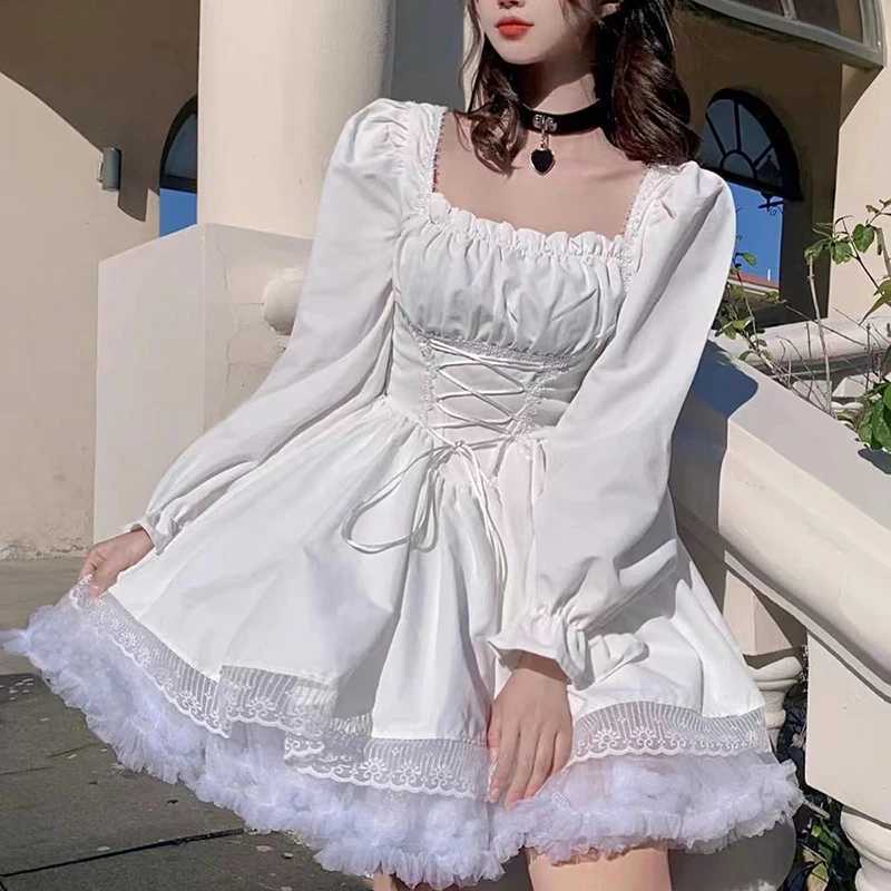 Robes décontractées de base manches longues robe Lolita manches taille Vintage pansement garniture fête robe gothique 24319