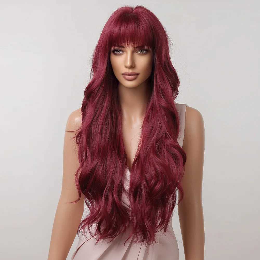 Synthetic Wigs Cosplay Wigs Burgundy Dark Red Synthetic Wigs Long Wavy Wine Red Cosplay Wig with Bangs for Women Natural Body Wave Halloween Heat Resistant 240327