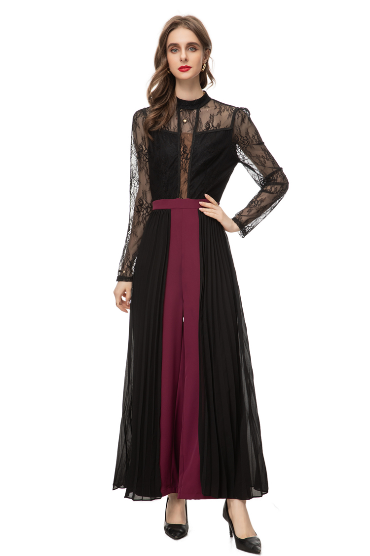 Women's Runway Jumpsuits& Rompers Stand Collar Lace Long Sleeves Pleated Ruffles Patchwork Elegant Maxi wide Pants