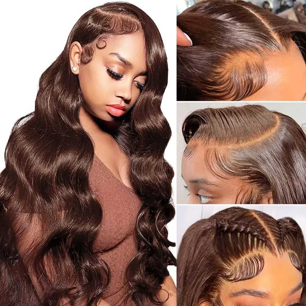 Synthetische pruiken Synthetische pruiken 360 Body Wave Chocoladebruine Kanten Voorkant Pruiken Echt haar 13x6 HD Kanten Voorkant Pruiken van echt haar Gekleurde pruiken voor vrouwen in de uitverkoop 240328 240327