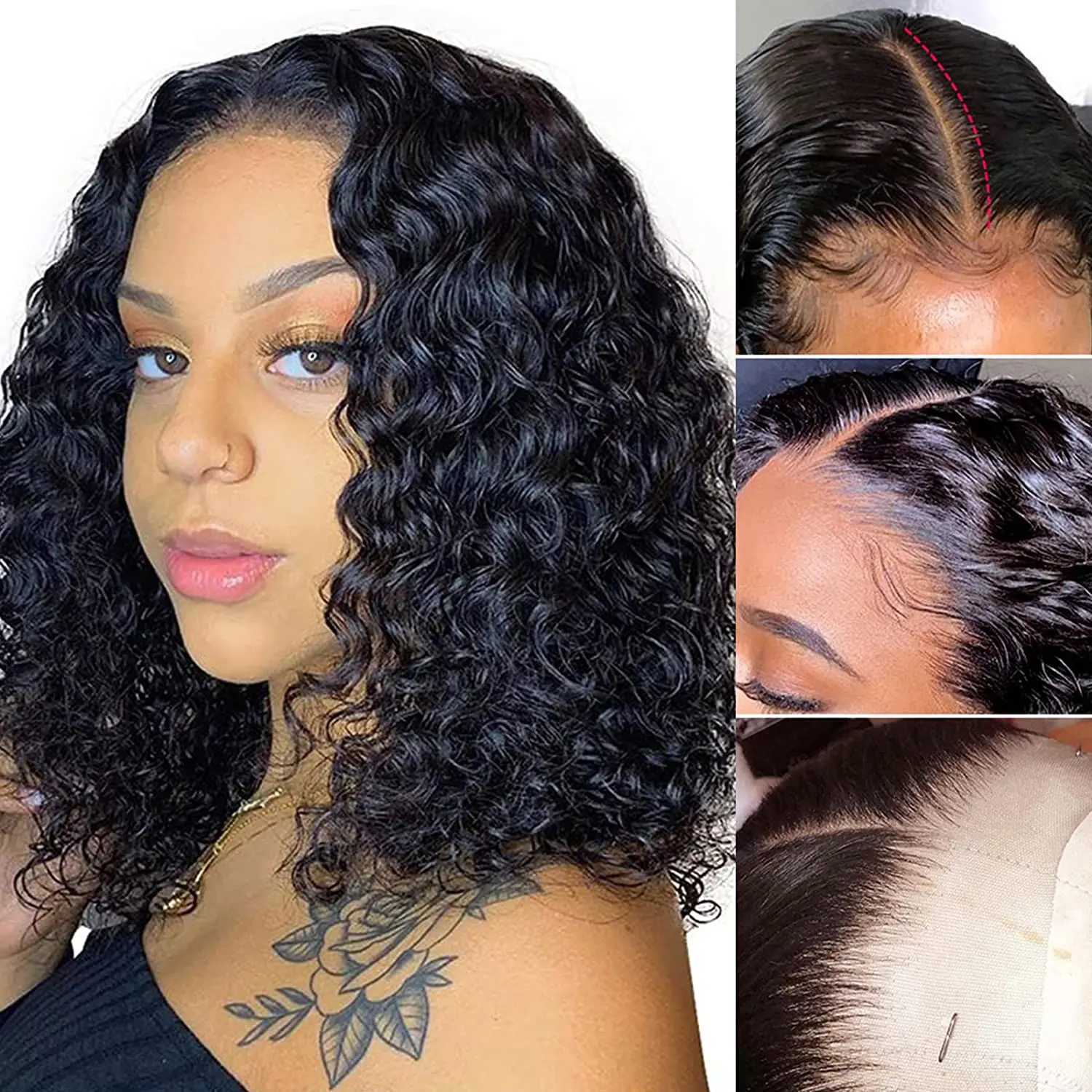 Synthetic Wigs Synthetic Wigs Brazilian Deep Wave Bob Wig 13x4 Lace Frontal Wig Human Hair Natural Hairline Remy Short Curly Closure Wig Preplucked Baby Hair 240327