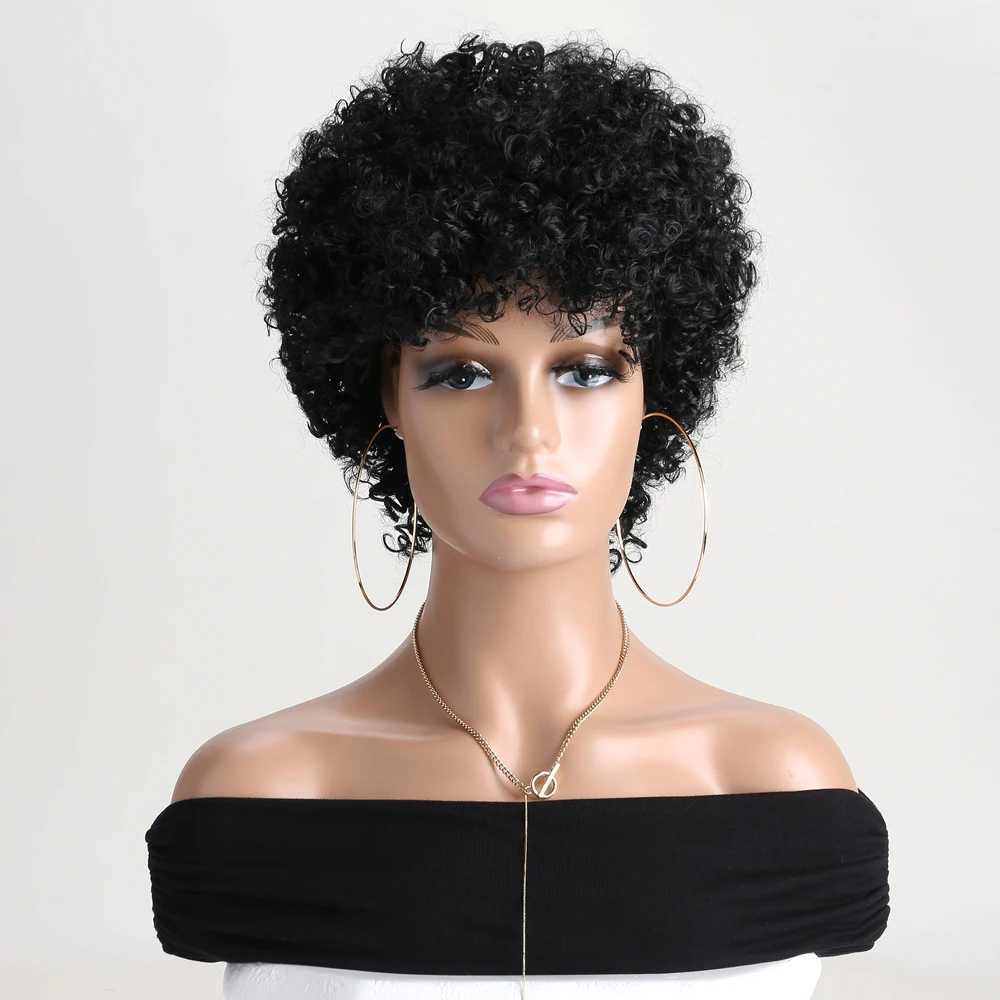 Syntetiska peruker cosplay peruker 10 tum korta lockiga peruker för svarta kvinnor mjuka svart lockiga peruk med lugg 240329