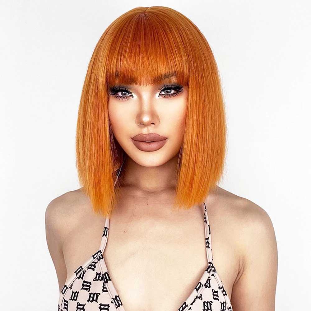 Synthetic Wigs Short Straight Orange Wig With Bangs Synthetic Fiber Wig African American White Female Cosplay/Party/Daily Wig 240329