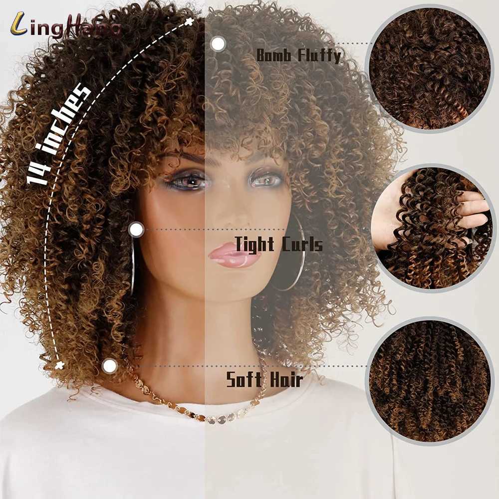 Syntetyczne peruki Linghang krótkie włosy afro perwersyjne peruki z grzywką dla czarnych kobiet afrykańskie syntetyczne peruki cosplaya 240328 240327