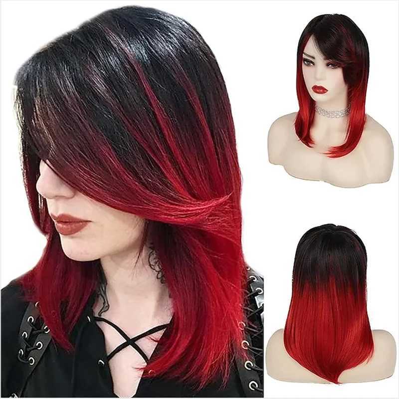 Synthetische Pruiken Cosplay Pruiken HAIRJOY Synthetisch Haar Vrouwen Ombre Zwart Rood Pruik Medium Lange Rechte Zijscheiding Pruiken 240329