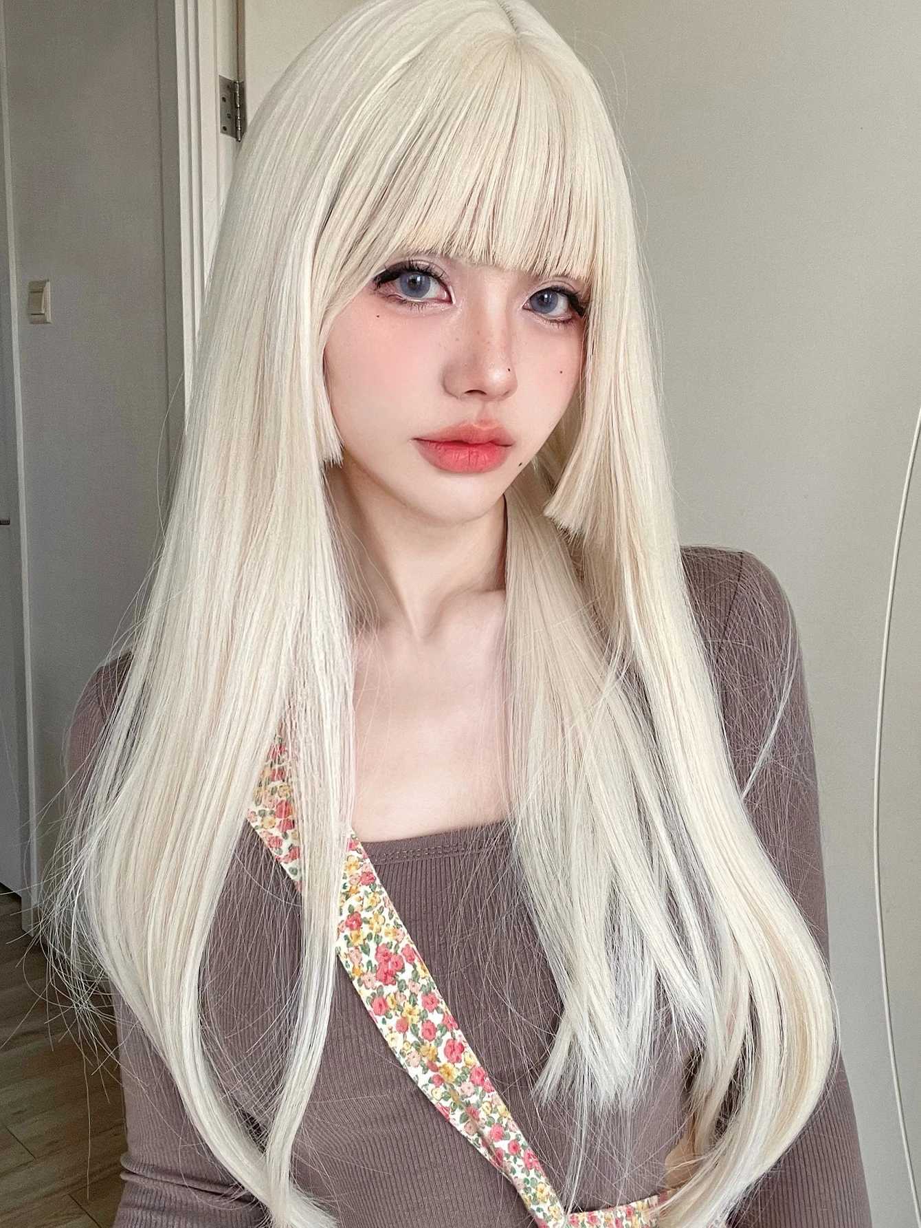 Synthetic Wigs 26Inch Blonde Platinum Golden Synthetic Wigs With Bang Long Natural Straight Hair Wig for Women Hime Cut Cosplay Heat Resistant 240329