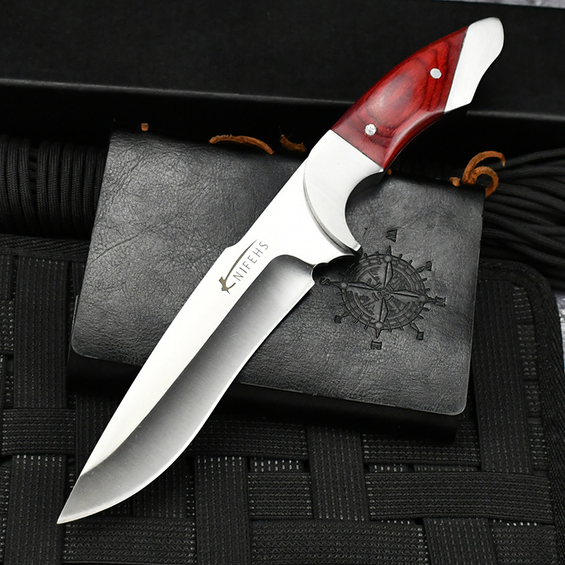 Vente Flash Couteau de chasse droit de haute qualité A5029, lame satinée 440C, bois pleine soie avec manche en acier, couteaux de survie pour Camping en plein air et randonnée avec gaine en cuir