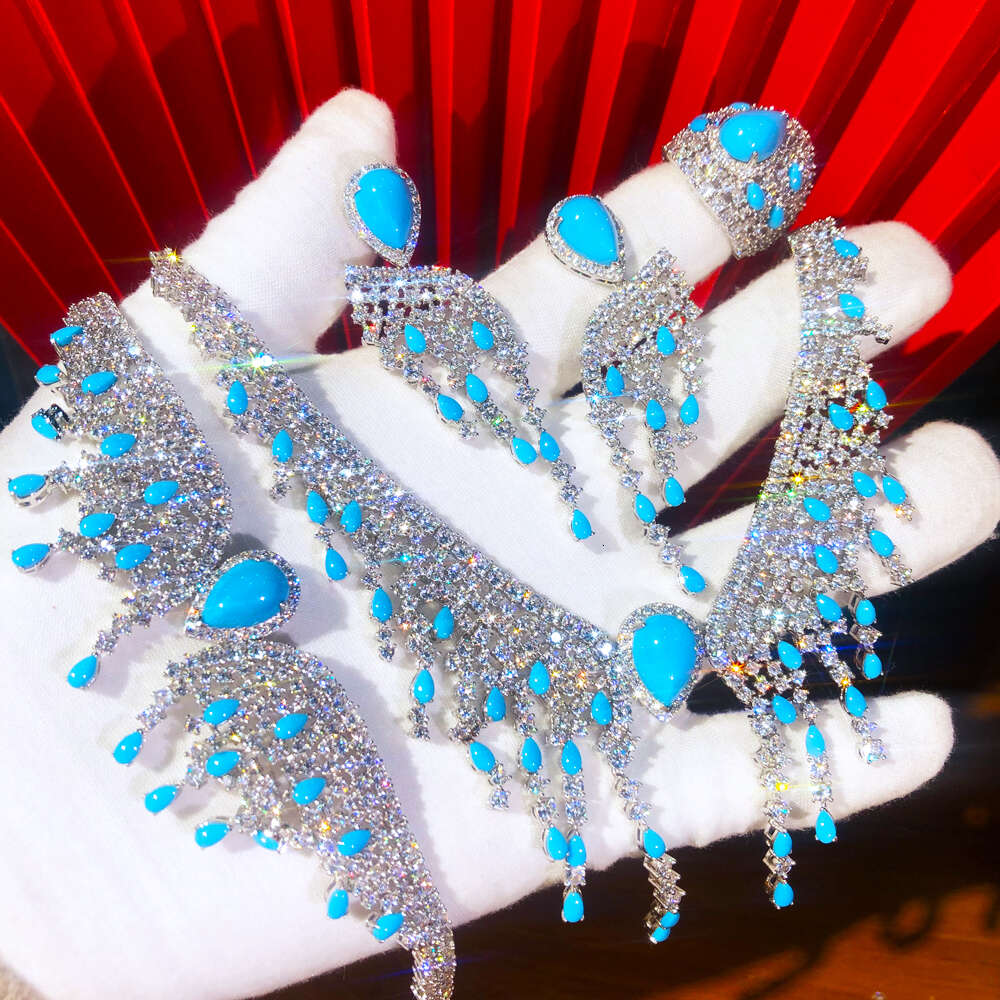 GODKI – ensemble de 4 pièces tendance en forme de goutte d'eau Turquoise pour femmes, bijoux de mariée en Zircon cubique jaune CZ, bijoux de mariée africaine de dubaï