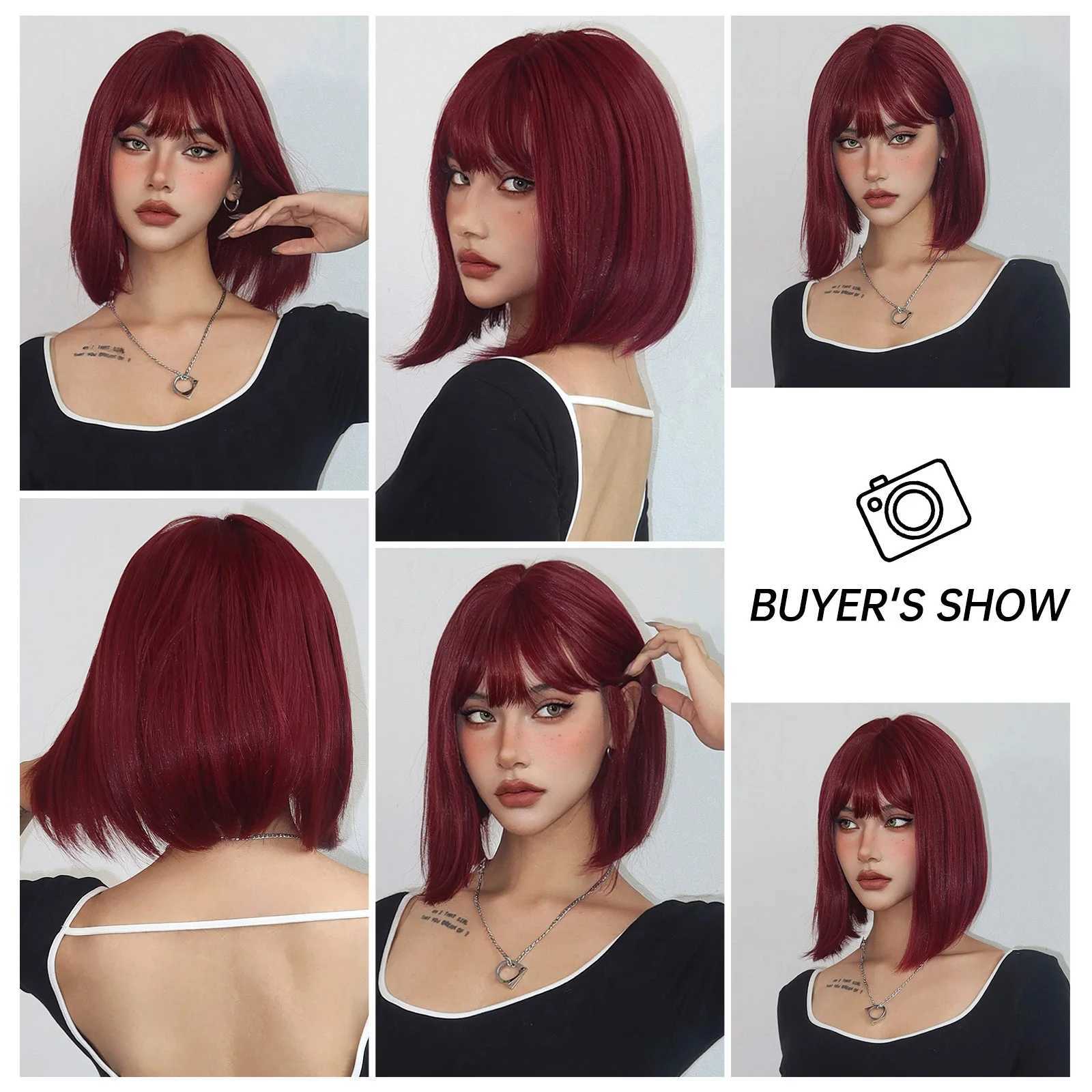 Synthetic Wigs Lace Wigs Synthetic Cosplay Wig Wine Red Short Bob Wigs with Bangs for Women Straight Natural Hair Wig Party Daily Use Heat Resistant 240329