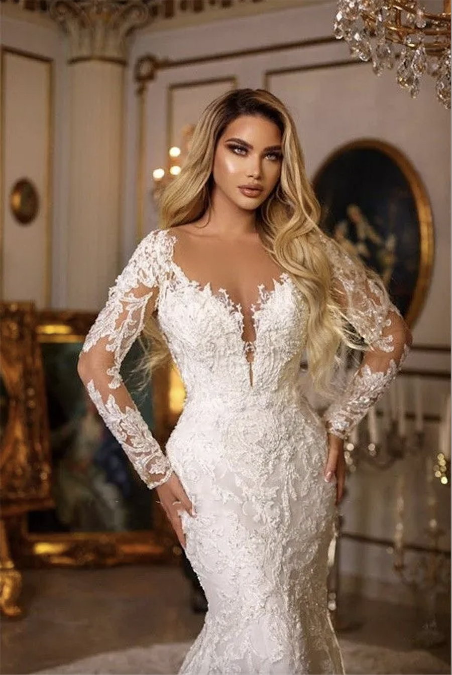 Nuovi abiti da sposa a sirena in pizzo maniche lunghe trasparenti tulle applique collo alto illusione posteriore strascico abiti da sposa con bottoni sul retro